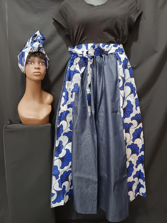 Africa print women's Palazzo Pants. Denim and Africa inspired fabric. Elastic waist, pockets and headwrap. 20% Off and Free Shipping.