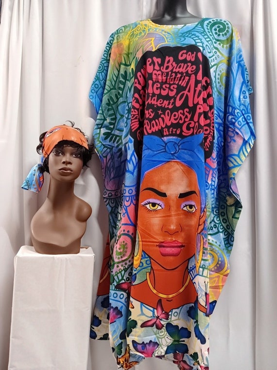 African Women's Kaftan with headwrap, 100% Polyester, digital print. Beautiful, colors, cool and comfortable. FREE SIZE. STYLE (1451)