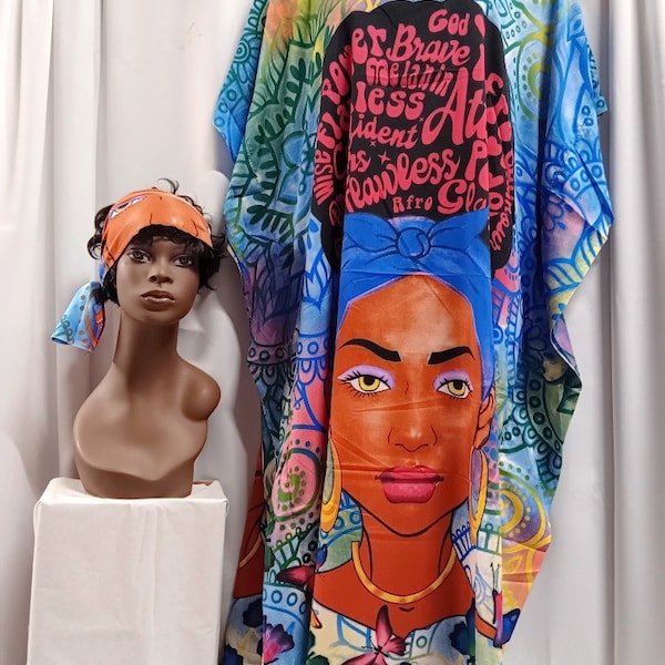 African Women's Kaftan with headwrap, 100% Polyester, digital print. Beautiful, colors, cool and comfortable. FREE SIZE. STYLE (1451)