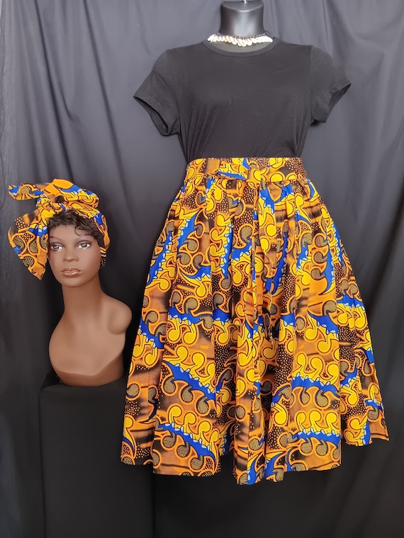 2pc African Print Skirt and matching headwrap pockets, Royal blue, black, yellow, orange, mid length skirt. Free Shipping, 20 - 30 % off.