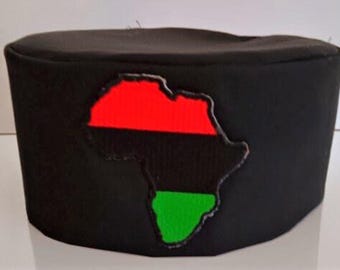 African Kufi Black hat with Map of Africa patch, red, black and green background.