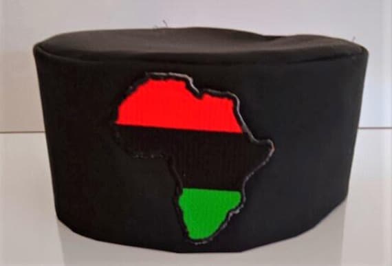 African Kufi Black hat with Map of Africa patch, red, black and green background.