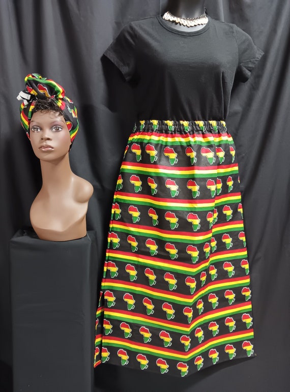 African Print Skirt, elastic waist with pockets, headwrap. Map of Africa red, green, black,yellow, ankle length. 100% Cotton. Free Shipping