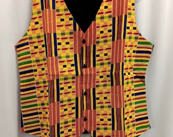 African print vest and tie set 4 pcs. Kente cloth beautiful addition with suit or just shirt and tie set. Great addition to your wardrobe.