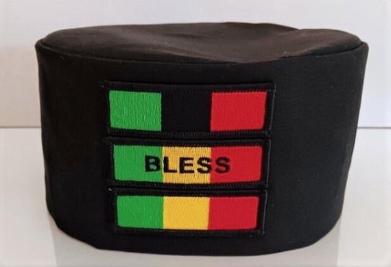 African Kufi Black with BLESS patch, flag of Africa colors. red, yellow, green and black. (Pan African, Rasta)