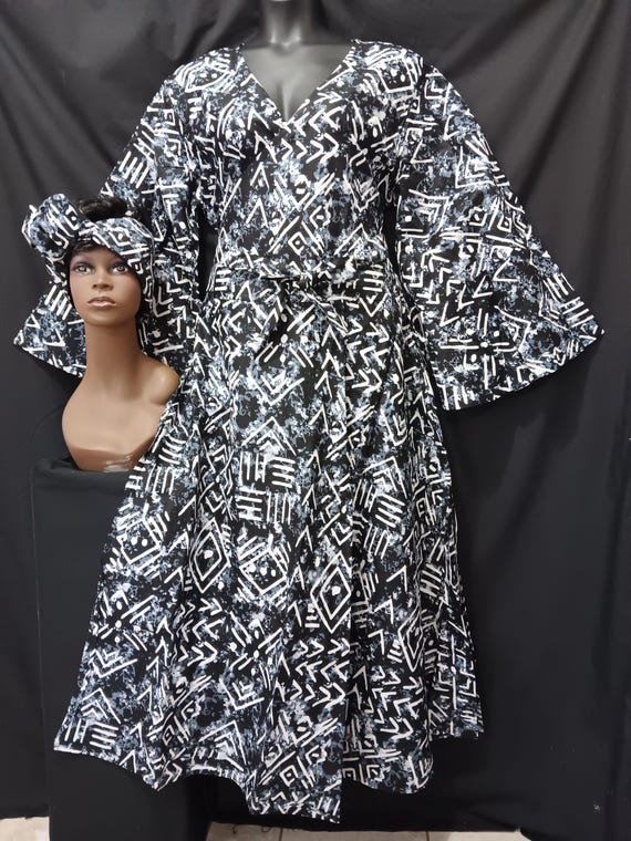 African print Wrap dress with matching headwrap. Beautiful  print. Long full flowing sleeves and pockets. 20% Off, Free Shipping