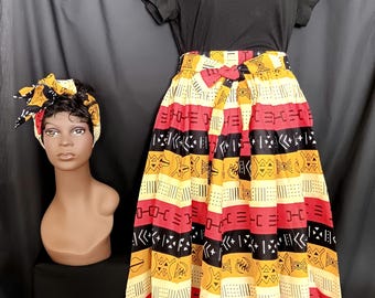 2pc African Print Skirt and matching headwrap pockets, red, black, white, gold,  beige mid length skirt. Free Shipping, 20 - 30 % off.