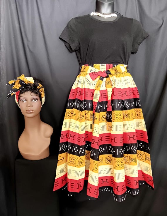 2pc African Print Skirt and matching headwrap pockets, red, black, white, gold,  beige mid length skirt. Free Shipping, 20 - 30 % off.