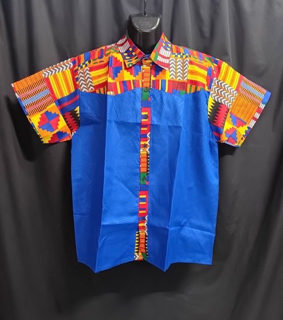Africa inspired men's short sleeve shirt, button down front. Multi color trim and  Royal Blue brocade. Large - 3XL. Ships Free, 20 - 30% off