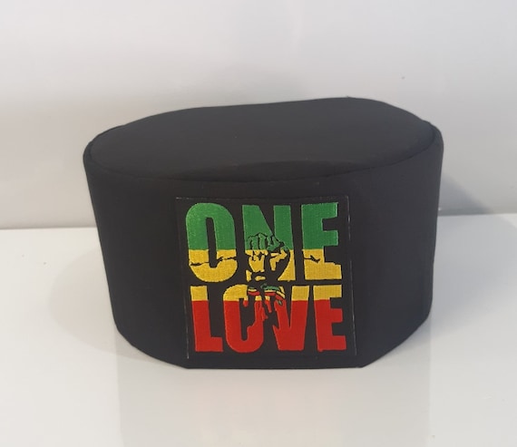 African Kufi Hat black ONE LOVE with fist patch. RASTA