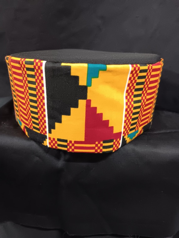 African inspired Kente print kufi hat beautiful colors, black, yellow, red, blue and white.