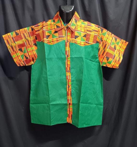 Africa inspired men's short sleeve shirt, button down front. Kente cloth trim and  green brocade. Large - 3XL. 20 - 30% off, Free Shipping
