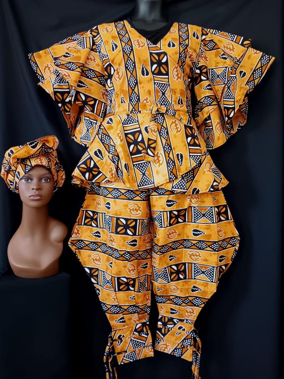 3PC Woman's pants set, Lovely wrap top, high elastic waist harem pants with two tie ankle straps matching headwrap. 20% off, Free Shipping.