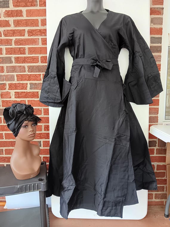African inspired Solid Black Wrap dress with matching headwrap. Elegant Long full flowing sleeves and pockets. 20% Off, Free Shipping.