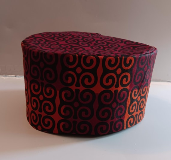 Africa print kufi hat, colors orange,  burgandy, and black beautiful African Fabric. 20% Off. Free Shipping.