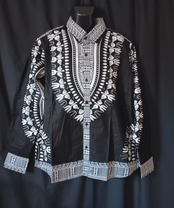 Africa inspired Kente print men's long sleeve, button down front shirt button sleeves. Sizes-Large though 3XL. 20% off and Free Shipping.