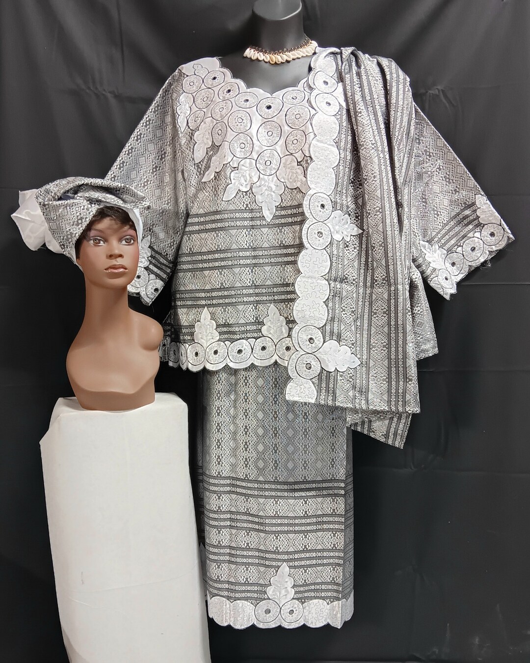 African Formal 4 Pc Silver, White and Black Metallic Silk. Elegant Set ...