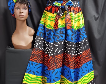African Print Skirt, Black, blue, Red-orange, yellow, green, 8 panel, ankle length & Headwrap. Tie waist belt. 100% Cotton. Free Shipping