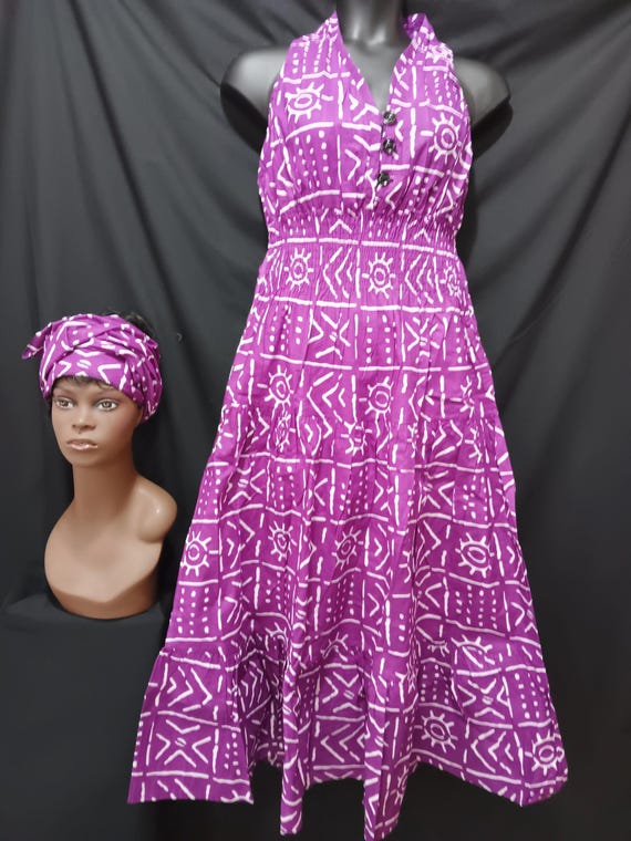 African print Dress and headwrap. Top Sleevess, halter neck, elastic back to waist, 3 button front, ankle length. 20% off and Free Shipping.