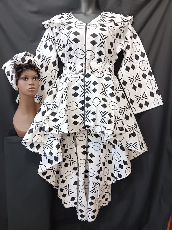Africa inspired dress. High-low dress with matching Headwrap and cinch belt. Zipper front, long sleeves, pockets. 20% off and Free Shipping.
