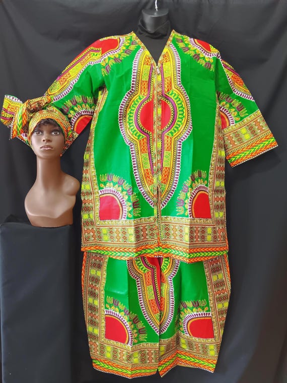 3 PC Africa inspired pants set, Jacket top, long sleeve zipper front, drawstring waist pants and matching headwrap. 20% off, Free Shipping.