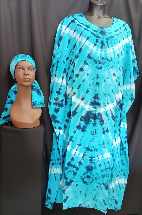 African inspired Tye Dye Kaftan with headwrap, Beautiful, cool and comfortable. FREE SIZE fits most Large to 4XL. 20% off. Free Shipping