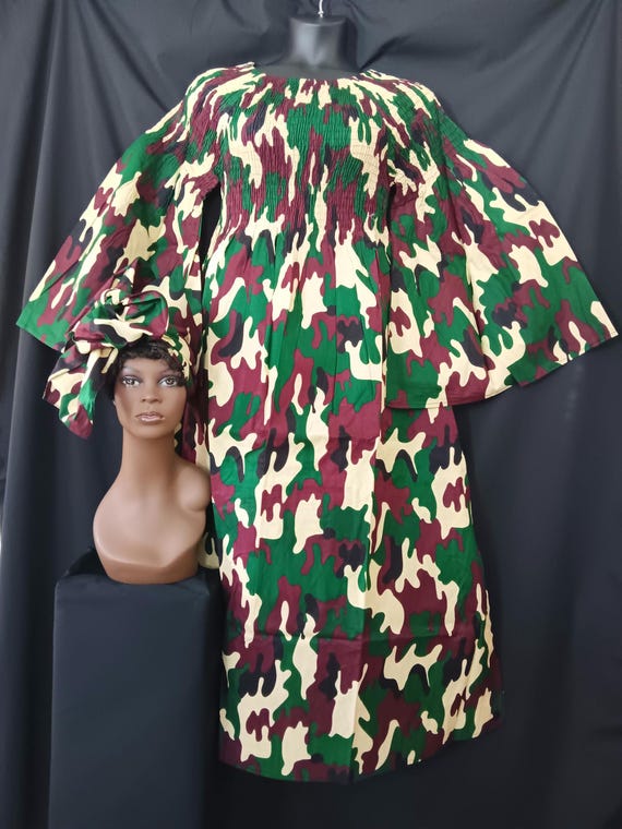 African print Dress. Elastic top to waist, pockets, long full sleeves, ankle length, matching headwrap. 20% off and Free Shipping.