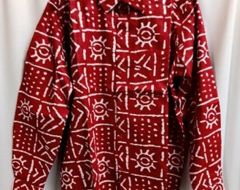 African shirt red and white print men's long sleeve, button down front shirt. Sizes-Med though 3XL.