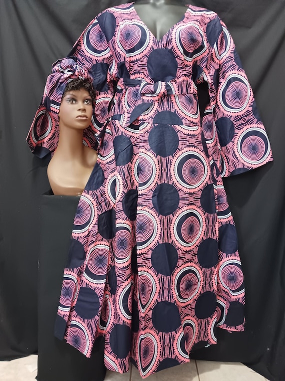 African print Wrap dress with matching headwrap. Beautiful  print. Long full flowing sleeves and pockets. 20% Off, Free Shipping