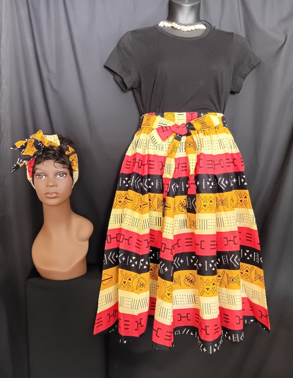 2pc African Print Skirt and matching headwrap pockets, red, black, white, gold,  beige mid length skirt. Free Shipping, 20 - 30 % off.
