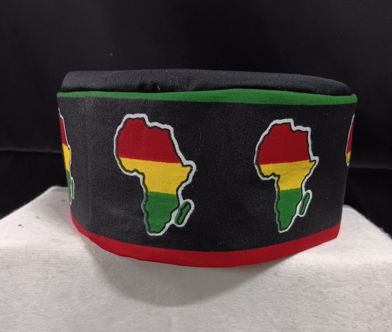 African map of Africa print kufi hat disporia colors, red, black, yellow,  green African Fabric. Matching dashiki sold separately.