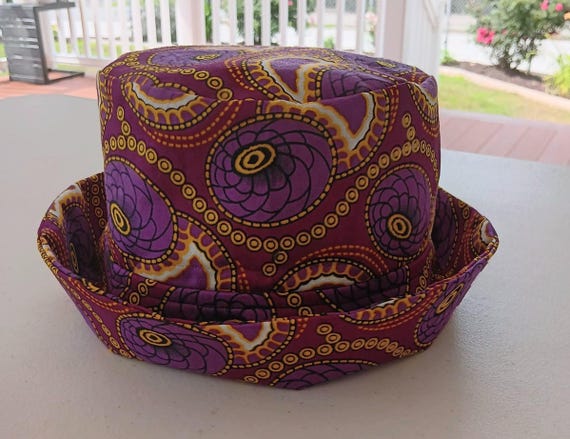 Africa inspired fabric Bucket hat, cotton fabric fully lined. Unisex. Purple, dark red, yellowish gold fabric. 20 %OFF and FREE Shipping.