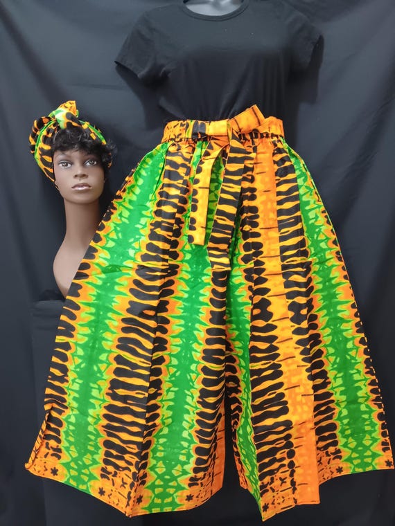 Africa print women's Palazzo Pants and headwrap. Beautiful Oranges, green and black. Elastic waist tie belt pockets. 20% off, Free Shipping.