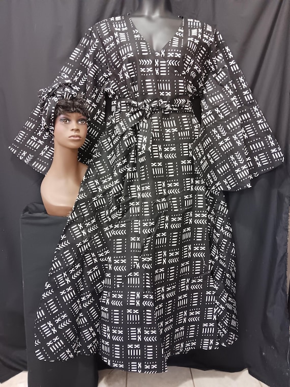 African print Wrap dress with matching headwrap. Beautiful  print. Long full flowing sleeves and pockets. 20% Off, Free Shipping