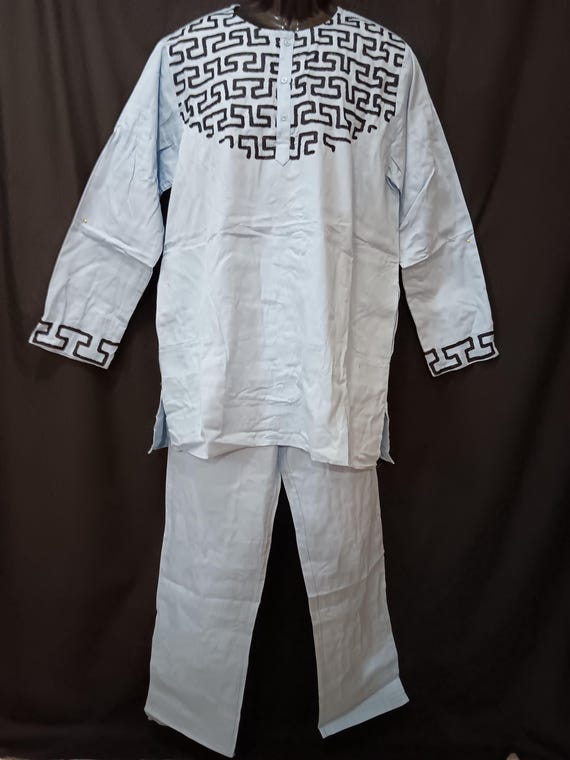 Africa inspired men's 2pc long sleeve top and pants set.  Light blue, button neck top, pockets. Sizes- L to 3XL. Free Shipping and 20% OFF.