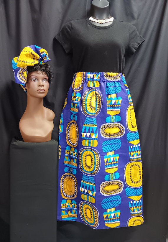 African Print Skirt, elastic waist with pockets, headwrap. Purple, blue, yellow gold and white, Ankle length. 100% Cotton. Free Shipping
