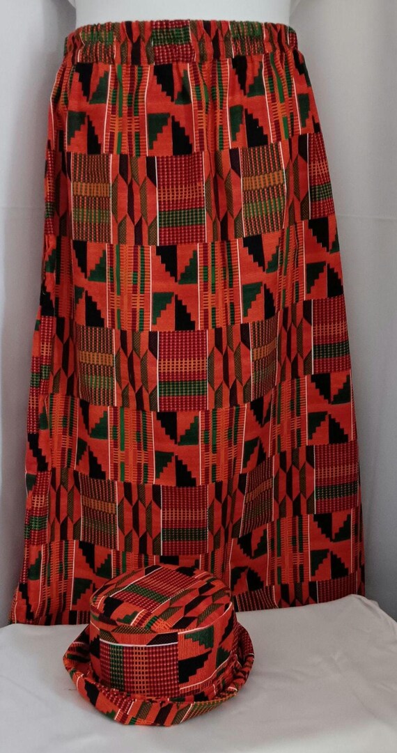 2pc Africa Print Skirt and matching bucket hat. Straight ankle length, elastic waist skirt with pockets. Free Shipping, 20 % OFF.