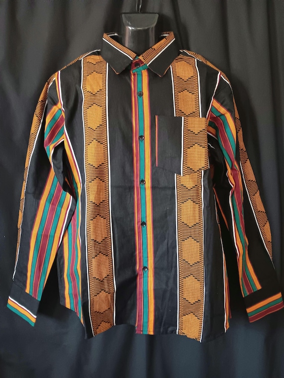Africa inspired Kente print men's long sleeve, button down front shirt button sleeves. Sizes-Large though 3XL. 20% off and Free Shipping.
