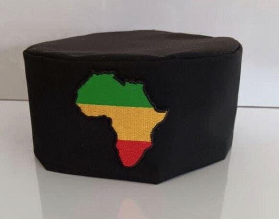 African Kufi black hat with map of Africa patch pan African colors green, yellow, red, RASTA. FREE SHIPPING!!