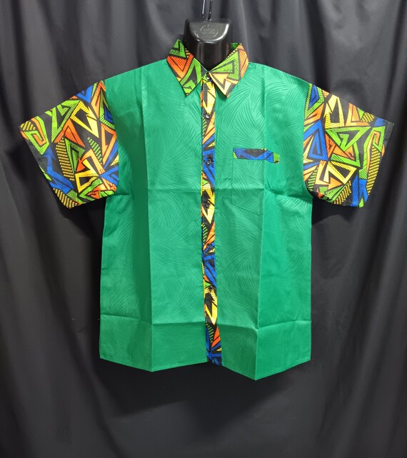 Africa inspired men's short sleeve shirt, button down front. Multi color trim and  green brocade. Large - 44". 20 - 30% off, Free Shipping.