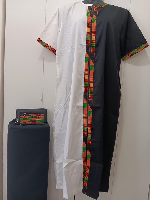 African inspired White and Black Kaftan with matching clutch purse. FREE SIZE fits most Large to 3XL. 20% Off, Free Shipping.