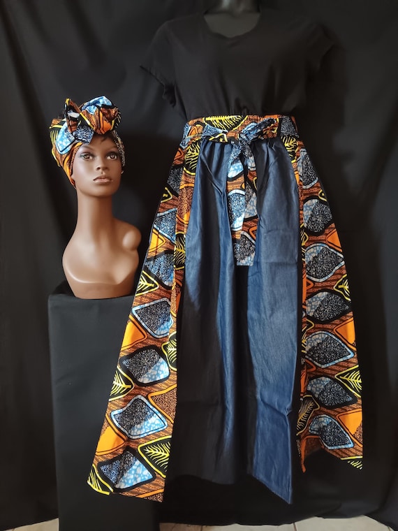 Africa print women's Palazzo Pants. Denim and Africa inspired fabric. Elastic waist, pockets and headwrap. 20% Off and Free Shipping.