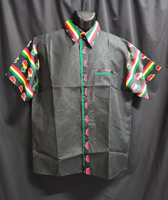 Africa inspired men's short sleeve shirt, button down front. Map of Africa trim black brocade. Large - 3XL. 20 - 30% off, Free Shipping