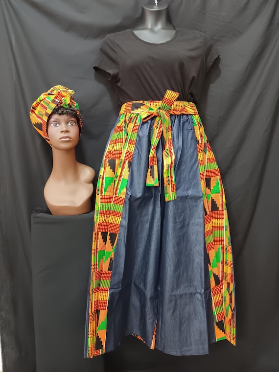 Africa print women's Palazzo Pants. Denim and Africa inspired fabric. Elastic waist, pockets and headwrap. 20% Off and Free Shipping.