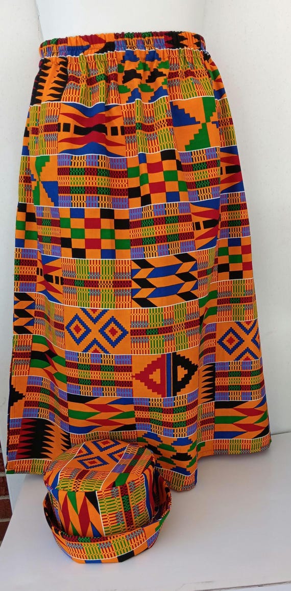 2pc Africa Print Skirt and matching bucket hat. Straight ankle length, elastic waist skirt with pockets. Free Shipping, 20 % OFF.