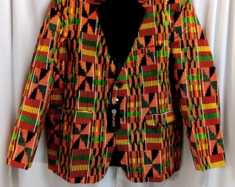 African Blazer jacket men's 85.00, African kente fabric. 2 button, 3 pocket front. Black lining and lapels. 4 button sleeve. Kufi 40.00