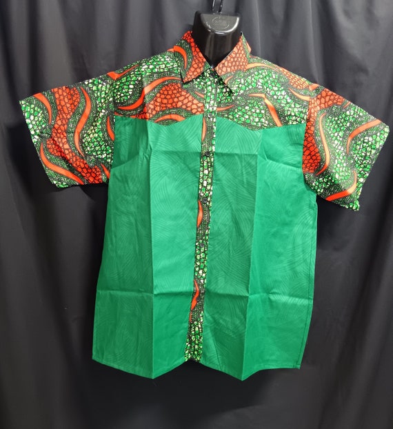 Africa inspired men's short sleeve shirt, button down front. Orange, green trim and  green brocade. Large - 3XL. 20 - 30% off, Free Shipping