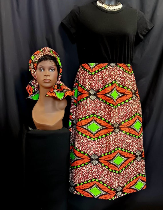 African Print straight Skirt with head wrap. Orange, green, black, maroon brown and white, Below knee Headwrap. 100% Cotton. Free Shipping.