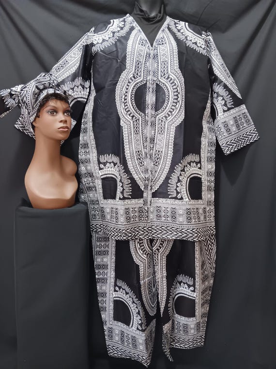 3 PC Africa inspired pants set, Jacket top, long sleeve zipper front, drawstring waist pants and matching headwrap. 20% off, Free Shipping.