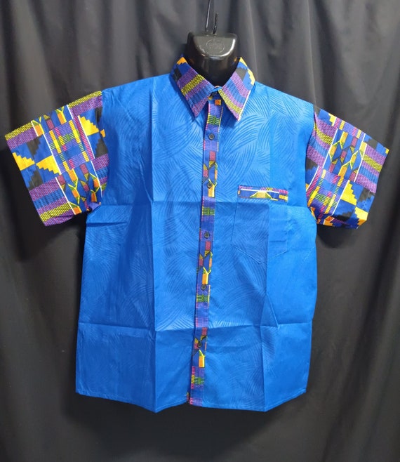Africa inspired men's short sleeve shirt, button down front. Kente cloth trim and  Royal Blue brocade. Large - 3XL. Ships Free, 20 - 30% off